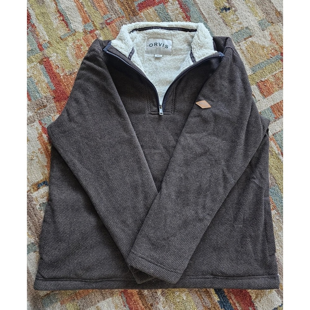 Orvis Sweater Mens Large Brown Quarter Zip Sherpa Fleece Lined Warm Heavy